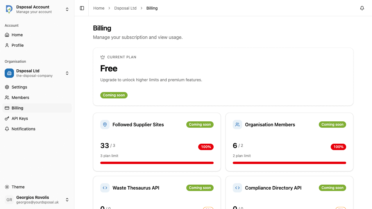 The Billing page showing the current plan card with plan name, price, and billing period