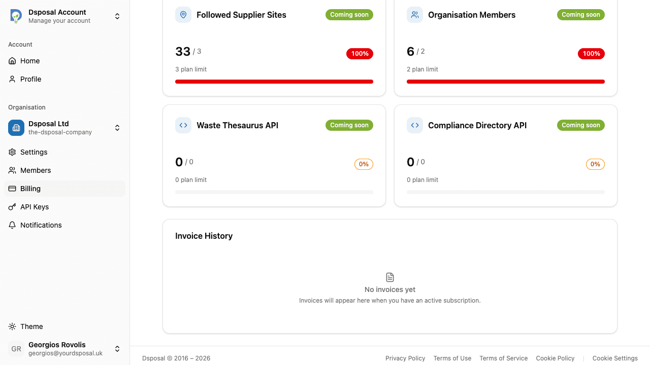 The invoice history section showing a list of past invoices with download links
