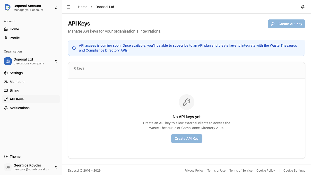 The API Usage page showing usage cards for each scope and a daily usage chart