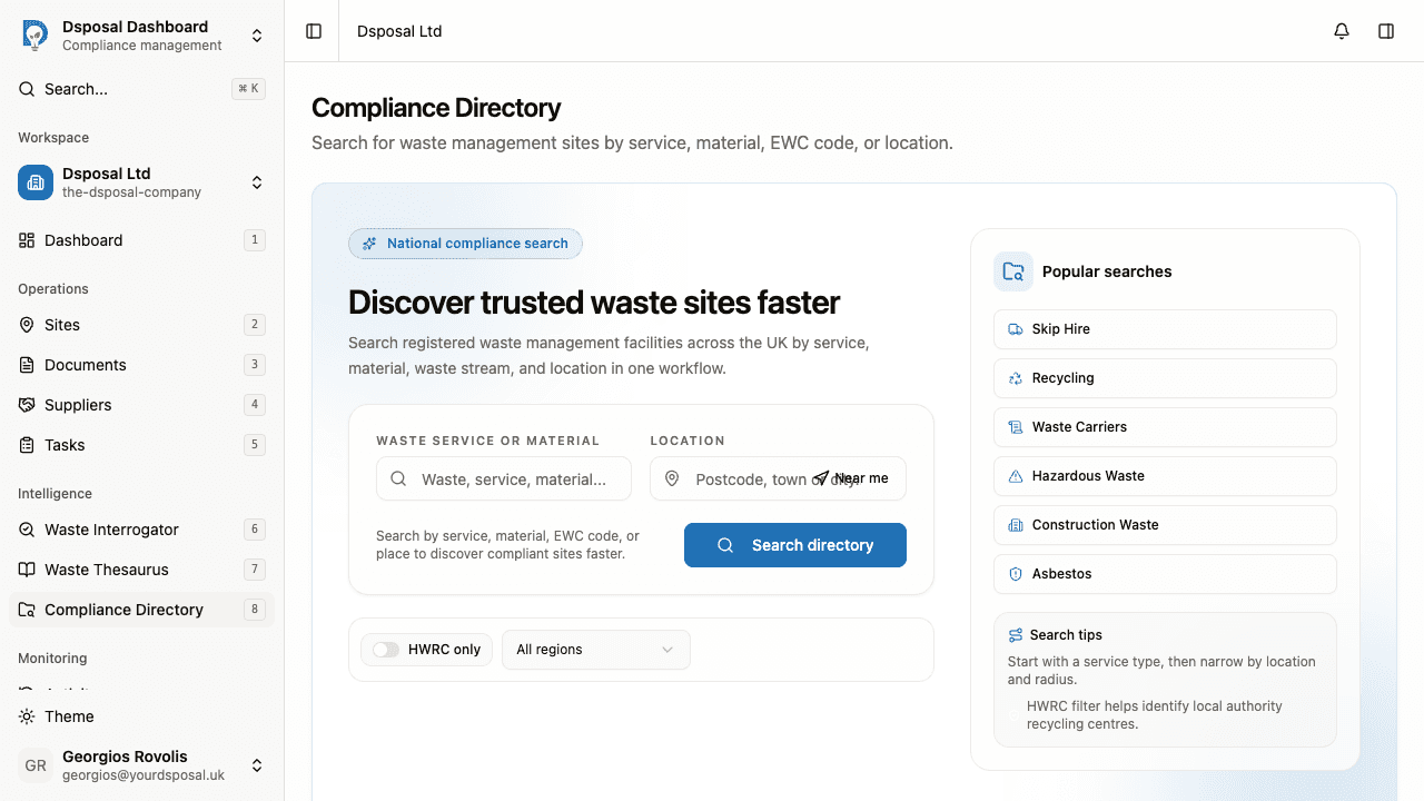 The search form showing waste service and location input fields