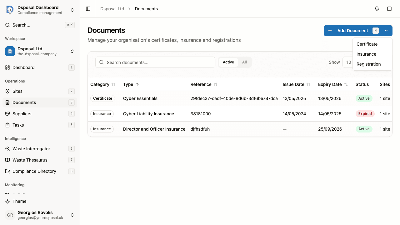 The Add Document dropdown showing Certificate, Insurance, and Registration options