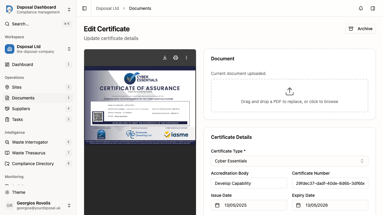 The certificate details form showing type dropdown, accreditation body, certificate number, and date fields