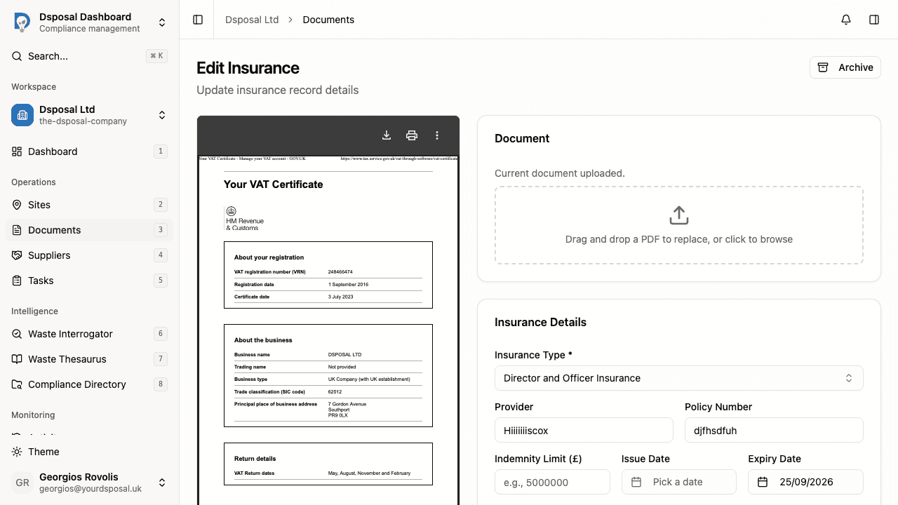 The insurance details form showing type dropdown, provider, policy number, indemnity limit, and date fields