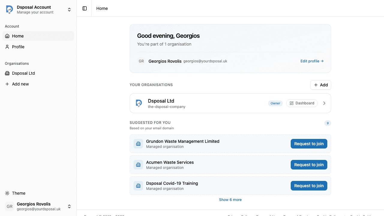 The Account dashboard with the Add organisation button highlighted