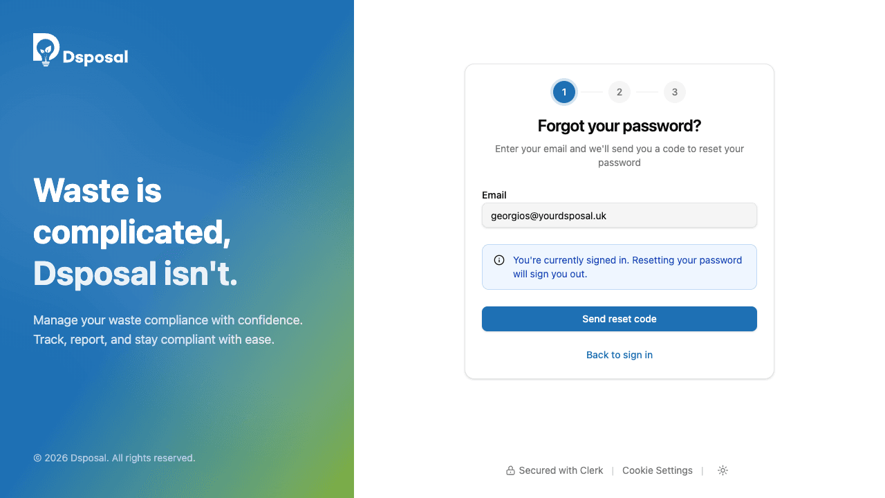 The password reset form with verification code input, new password, and confirm password fields