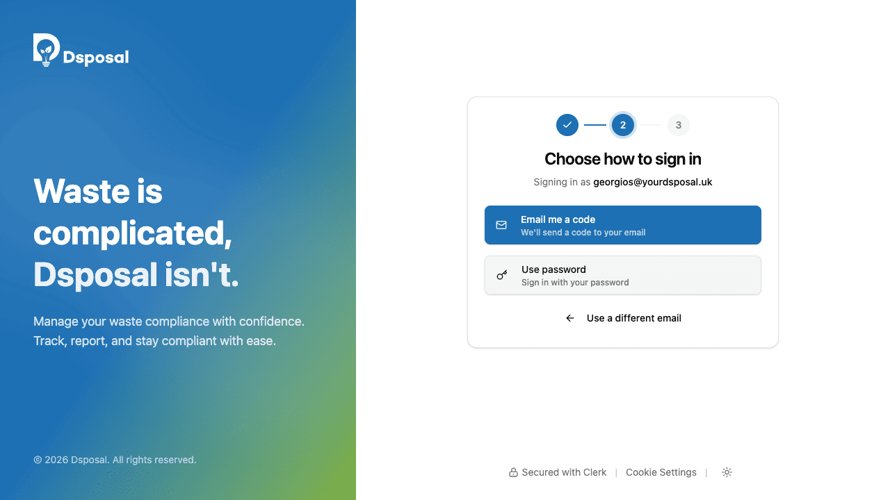 Sign-in method selection showing Email me a code and Use password options