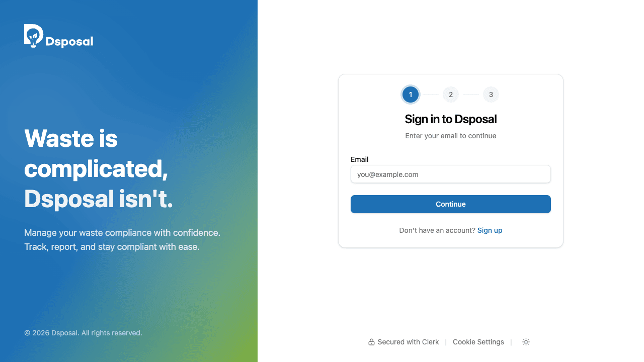 The Dsposal sign-in form with an email input field and Continue button