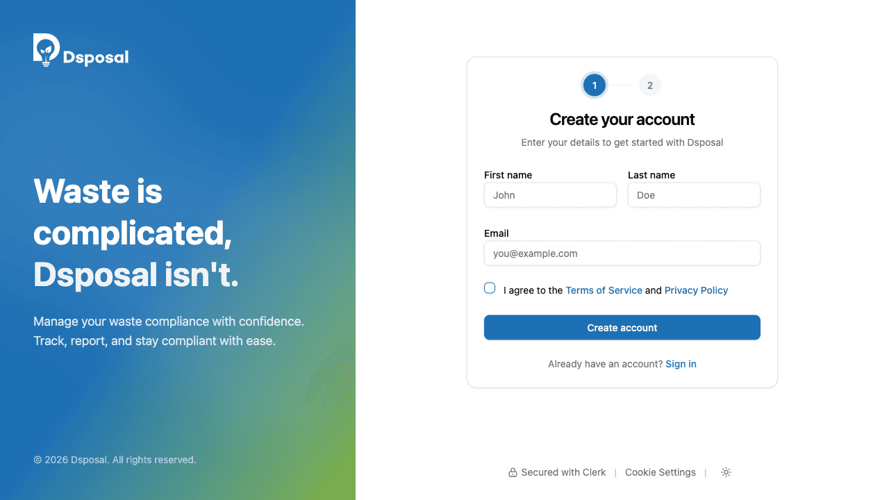 The Dsposal sign-up form showing first name, last name, email, and terms checkbox fields
