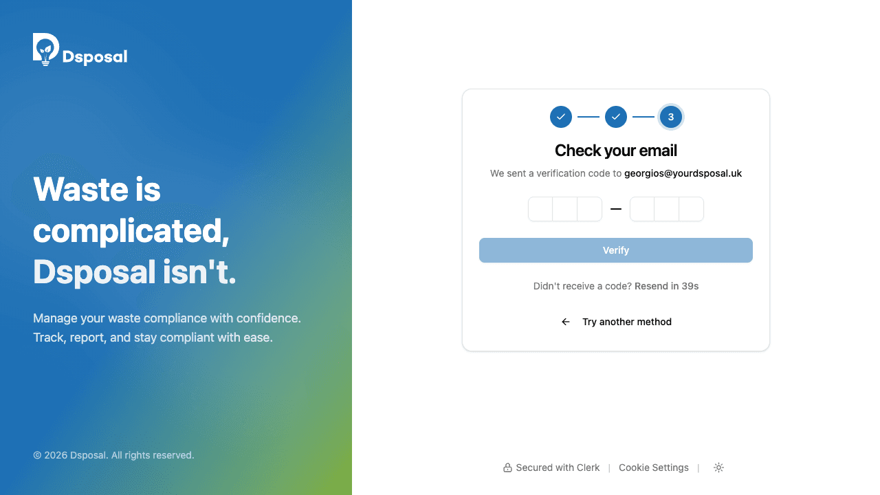 The email verification screen with a 6-digit code input and resend option