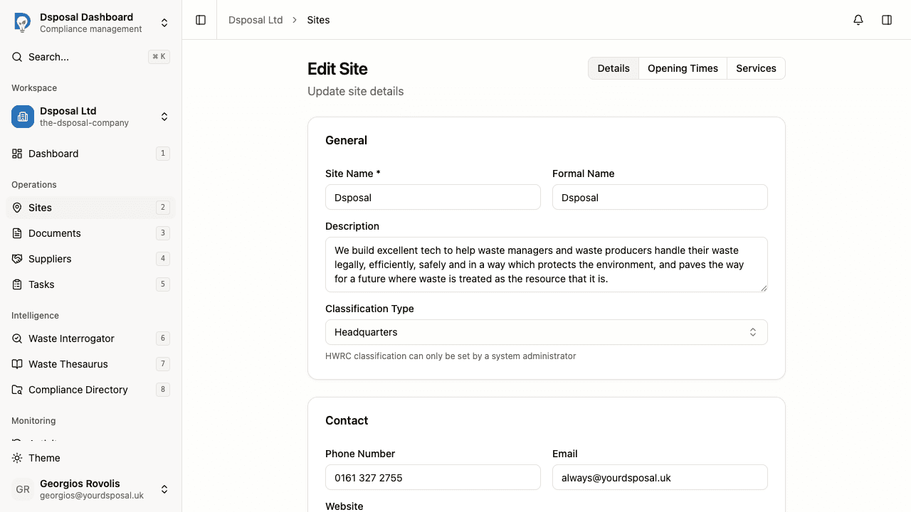 The site creation form showing General, Contact, and Address sections