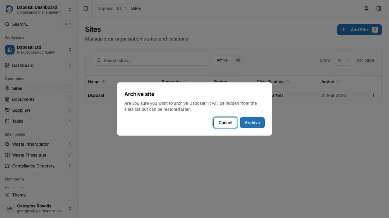 A confirmation dialog asking whether to archive the site