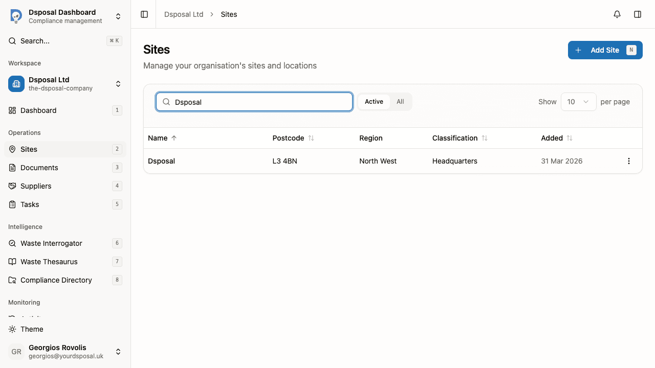 The search bar above the sites table with a search term entered