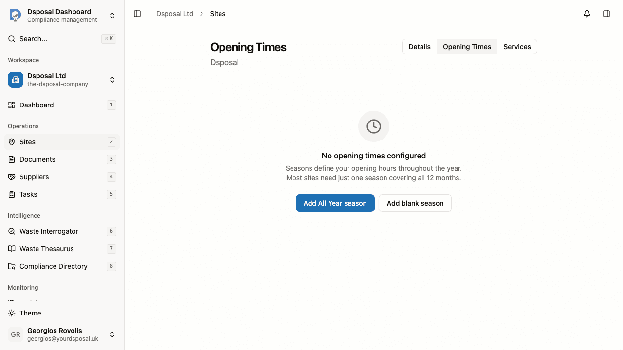 The site page showing the Opening Times tab selected in the navigation