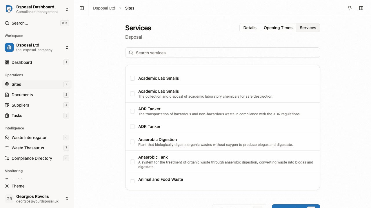 A list of services with checkboxes and a search bar at the top