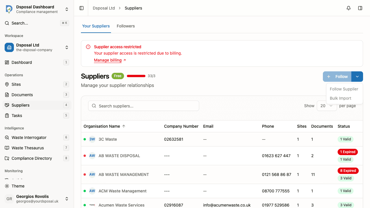 The Follow button and dropdown showing Follow Supplier and Bulk Import options