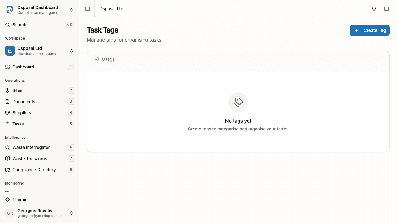 The Task Tags page showing a table of existing tags with their colours and creation dates