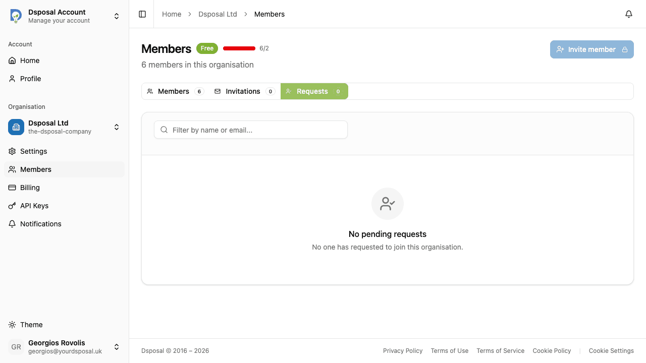 The Requests table showing requester details and submission dates