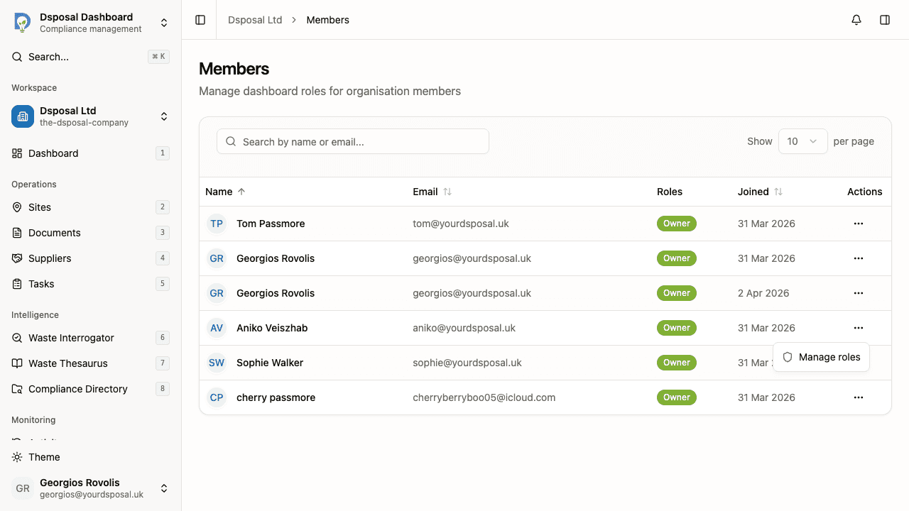 The actions dropdown menu on a member row showing the Manage roles option