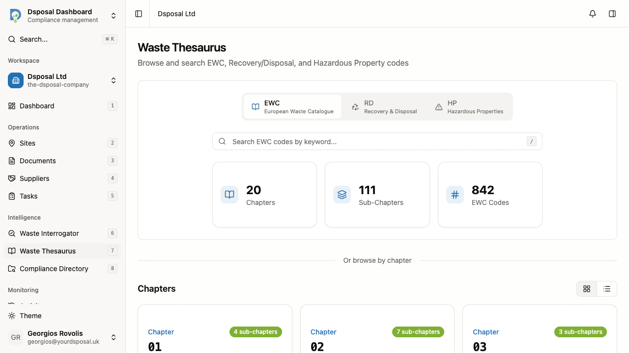 The Waste Thesaurus main page showing the code type toggle, search bar, and statistics