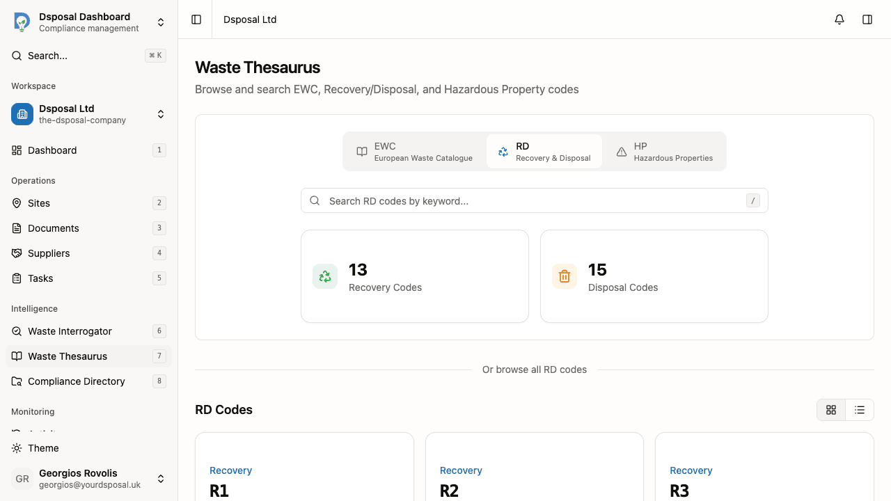 An RD code detail page showing the code, description, and additional comments
