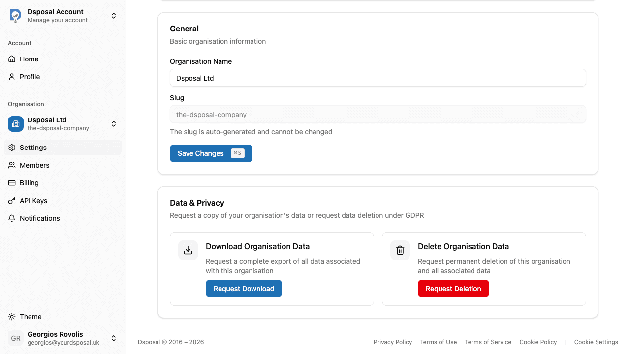 The organisation-level Data and Privacy card with Download Organisation Data and Delete Organisation Data options