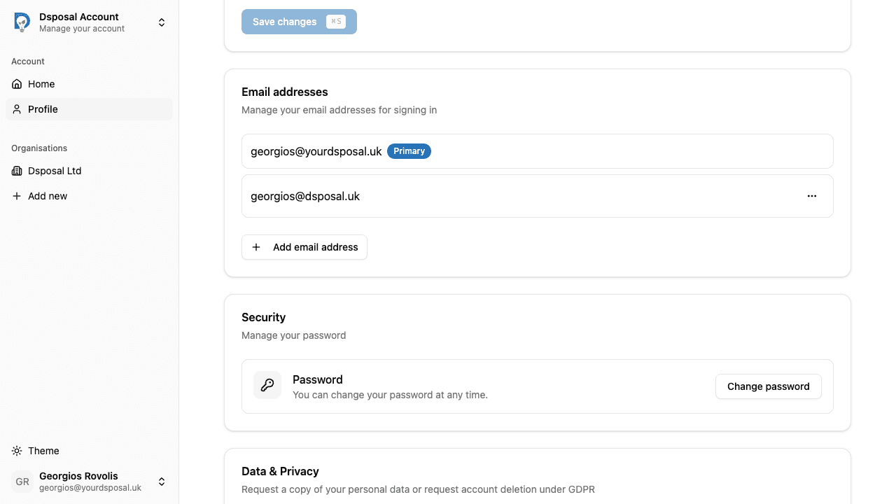 The Email addresses card showing a primary email with a Primary badge and action menu