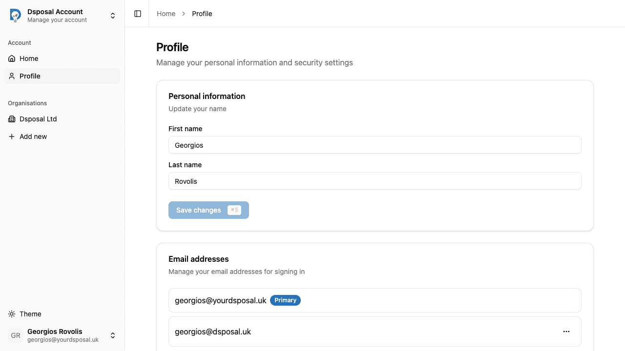 The Personal information card with editable name fields and a Save changes button