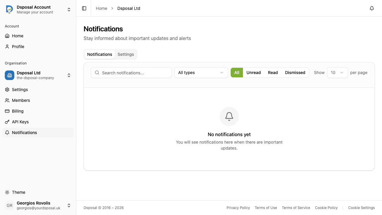 The Notifications page showing the notification inbox with tabs