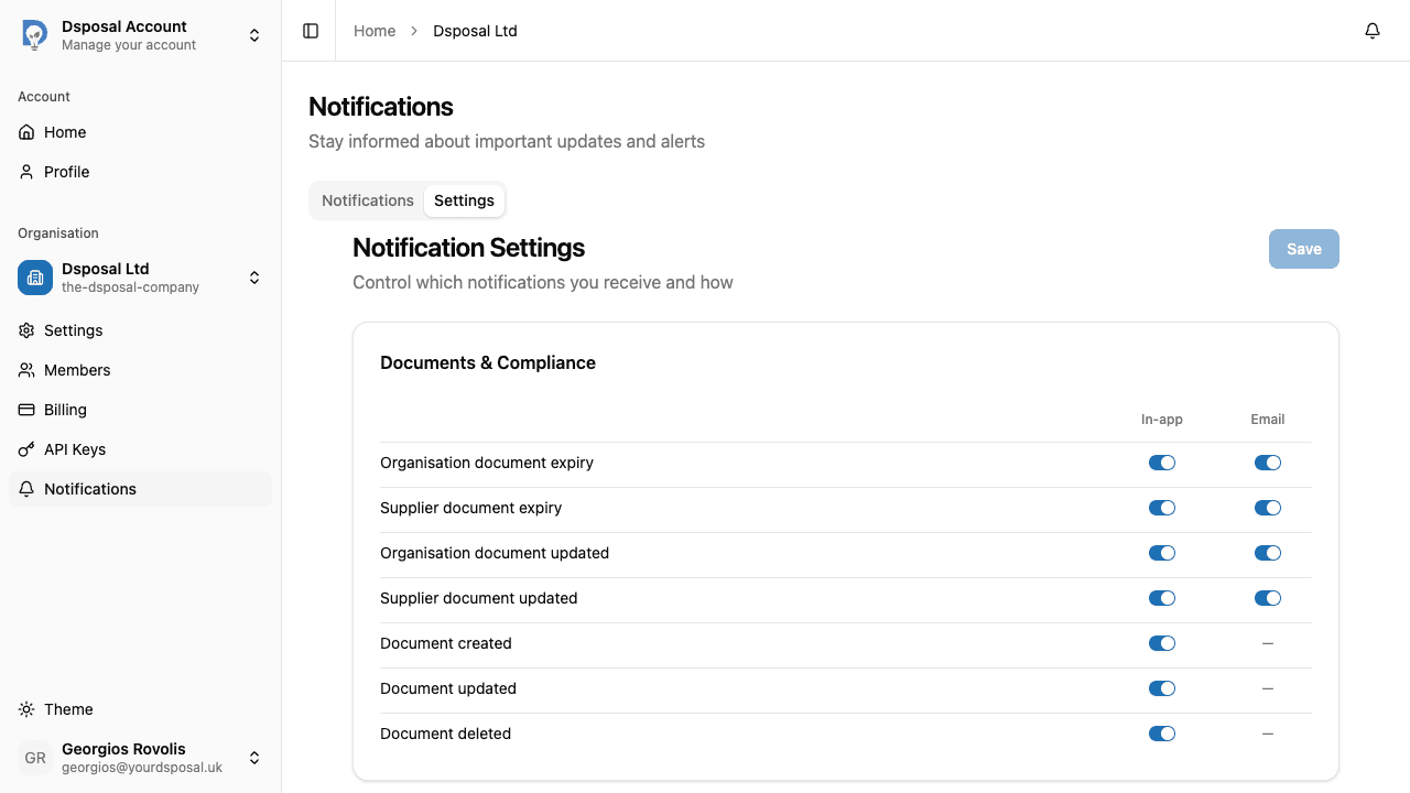 The notification settings page showing toggles grouped by category