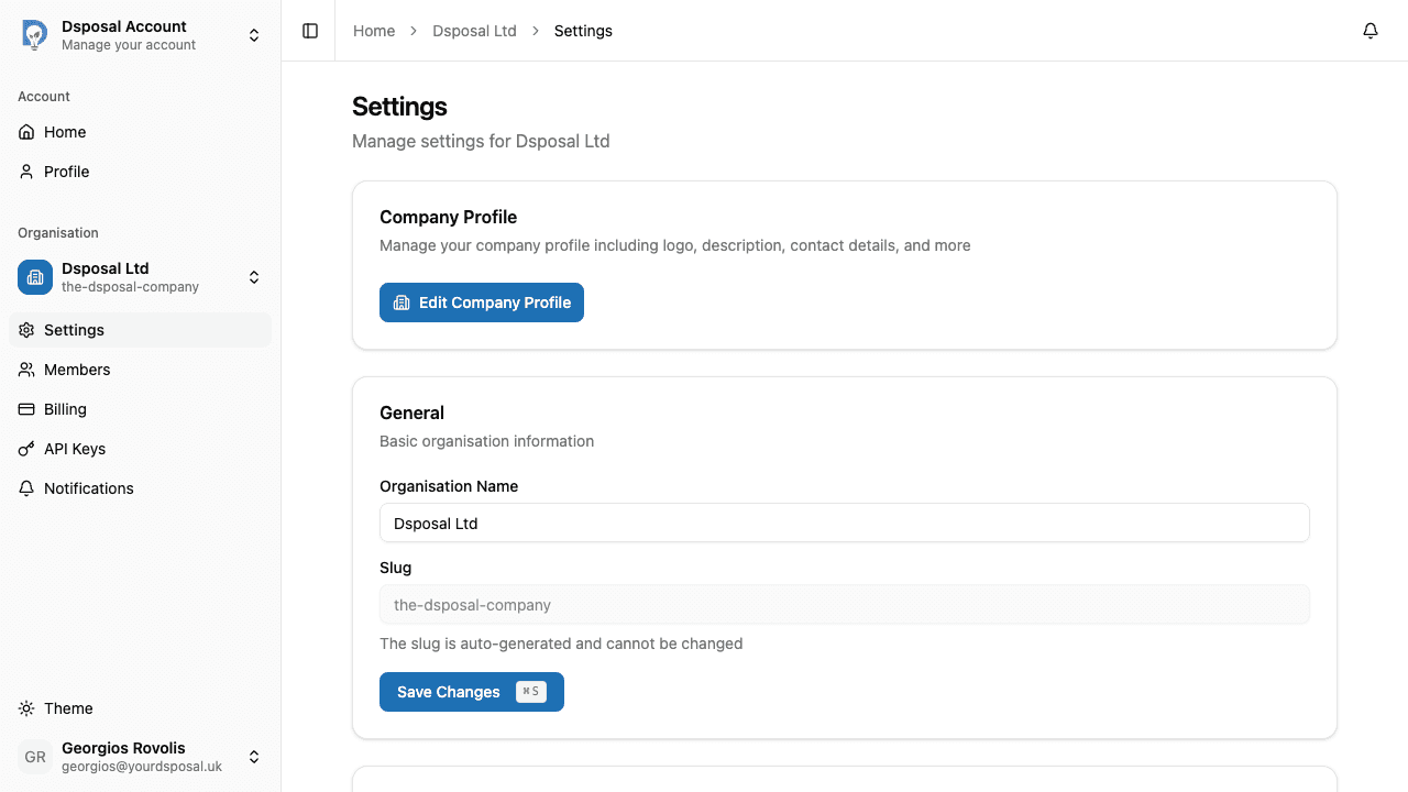 The General card with an editable Organisation Name field and a read-only Slug field