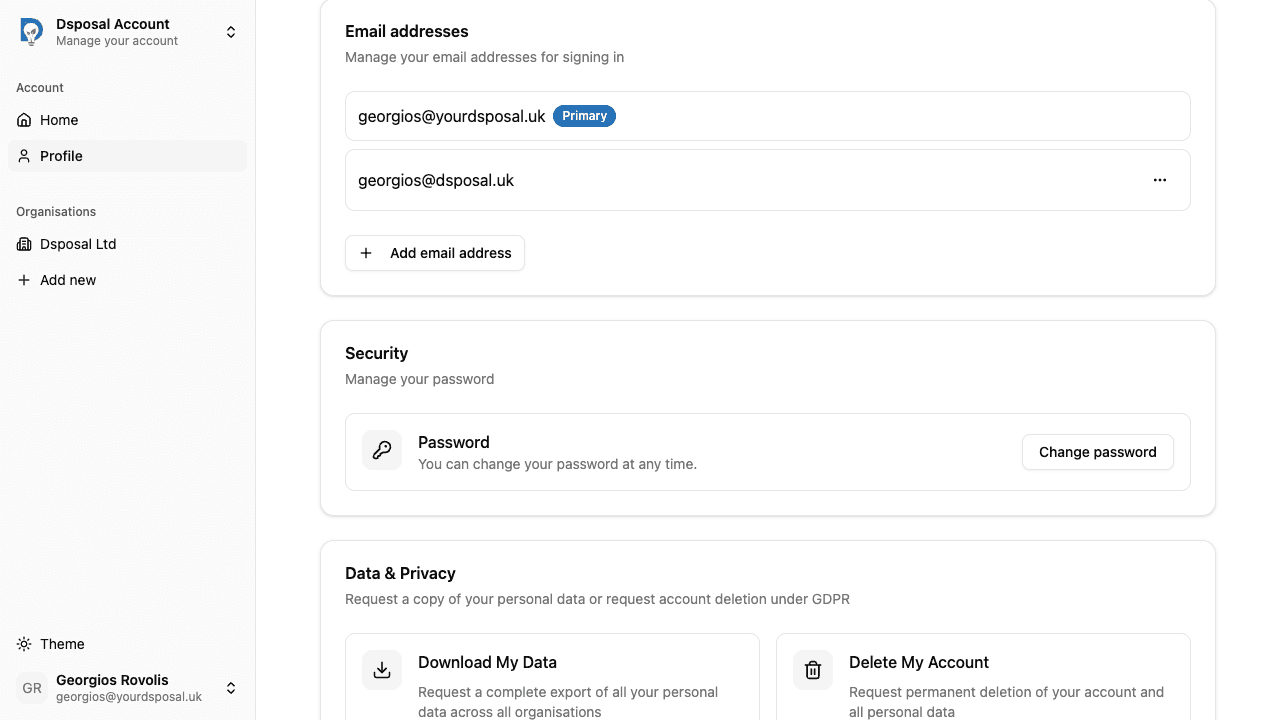 The change password dialog with current password and new password fields
